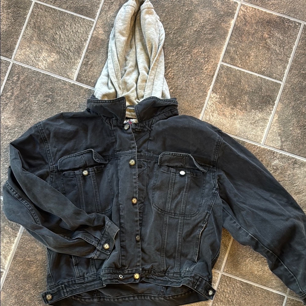 Horizon 90s Y2K Black Jean Jacket with Gray Hood ladies woman jr size medium